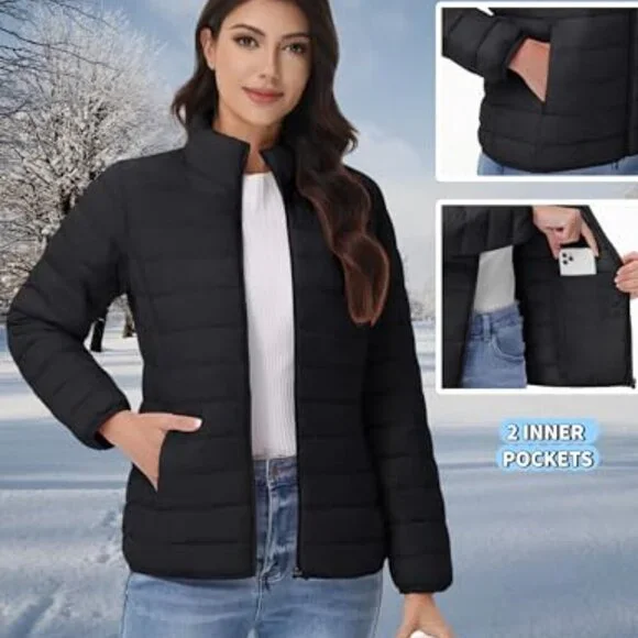 Quilted Puffer Jacket Lightweight Warm Winter Coat Stand Collar Full Zip Chic